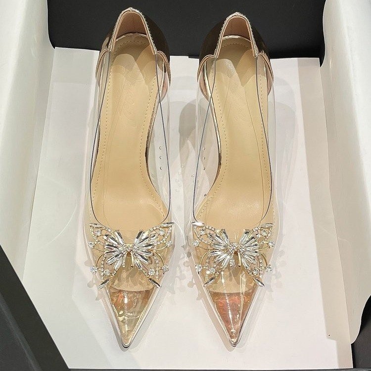 รองเท้าส้นสูง Low-Cut High Heel (7-8 ซม.) Slip-on Pumps Pu Low-Top Shoes Pointed Rubber Stiletto Hee