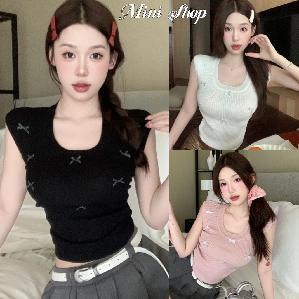 Mini shop🌸พร้อมส่ง🌸(W-H059) เสื้อกล้ามไหมพรม ผ้าร่อง ดีเทลแต่งโบส์สีพาสเทล ใส่สบาย สายเดี่ยว