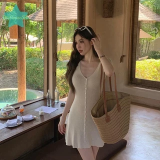 [BigHouseSea] ชุดเดรสถักคอวีแฟชั่นเรียบง่ายชุดสตรีเอวบาง A-Line ฤดูร้อนใหม่