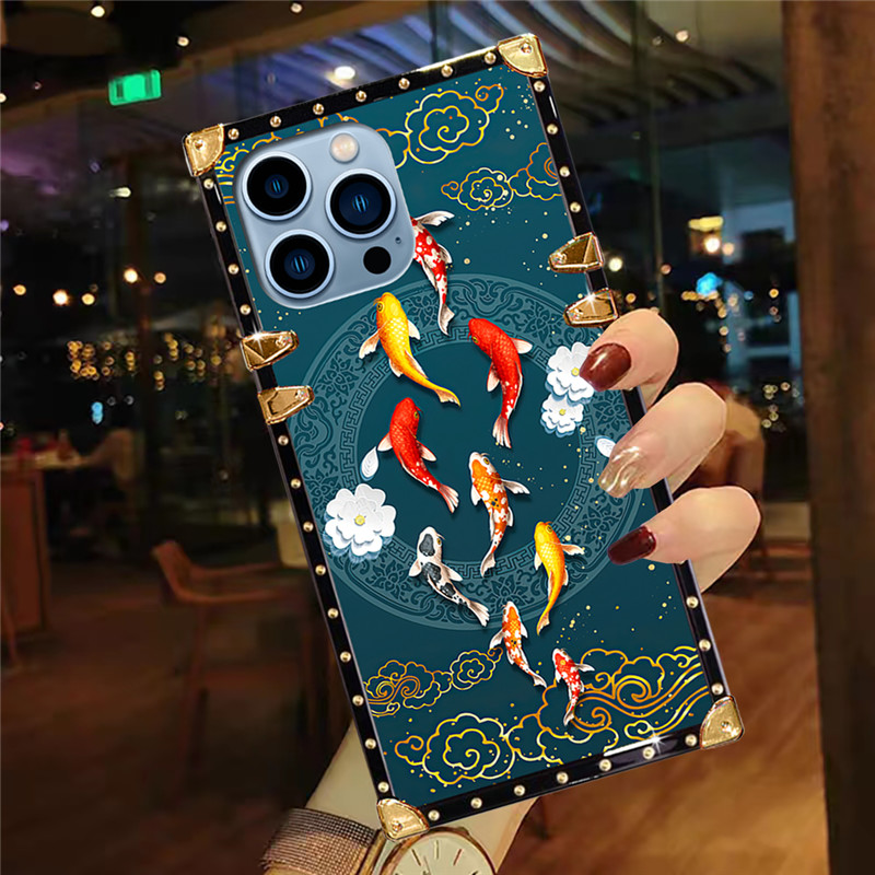 SAMSUNG ปลอกสําหรับSamsung S25 Ultra S24 Ultra S23Ultra S22Ultra S21+ S23 FE S10 5G S10+ Note20 Note10 + Note9 แฟชั่นLuckyปลาคาร์พรูปแบบสแควร์เคสโทรศัพท์ฝาครอบป้องกัน