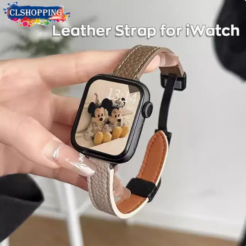 สายนาฬิกาข้อมือหนัง หัวเข็มขัดแม่เหล็ก สําหรับ Apple Watch 9 8 45 มม. 41 มม. Ultra 49 มม. Geniune Se