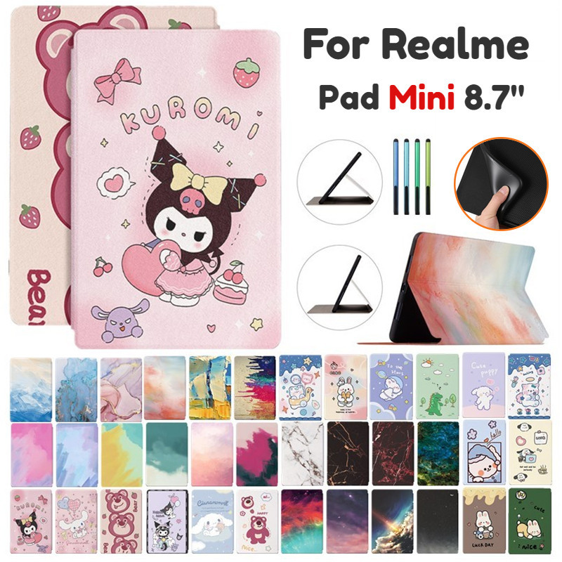 Kuromi Melody Labubu Crayon Shin Chan การ์ตูนทาสีนูน PU หนังสําหรับ Realme Pad Mini 8.7 นิ้ว 2022 ฝาครอบขาตั้งเด็กขาตั้งผู้ถือ Shell