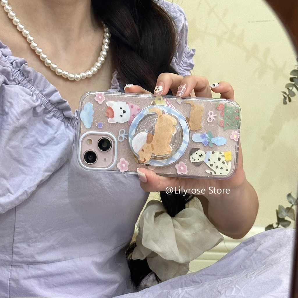 เคสโทรศัพท์มือถือ หนัง Pu ใส ลายดอกไม้ โบว์ สตรอเบอร์รี่ ดาว สีฟ้า และสีชมพู พร้อมขาตั้งแม่เหล็ก สําหรับ iPhone 15 Apple Case 14 13 12 Pro Max