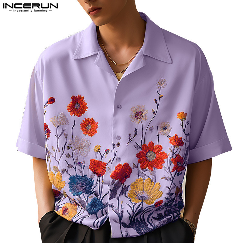 Incerun เสื้อเชิ้ต คอปก แขนสั้น พิมพ์ลายดอกไม้ ทรงหลวม สไตล์เกาหลี สําหรับผู้ชาย