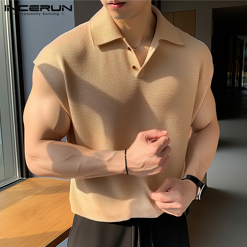 Incerun ผู้ชาย แฟชั่นเกาหลี สีพื้น คอปก แขนกุด เสื้อกล้าม