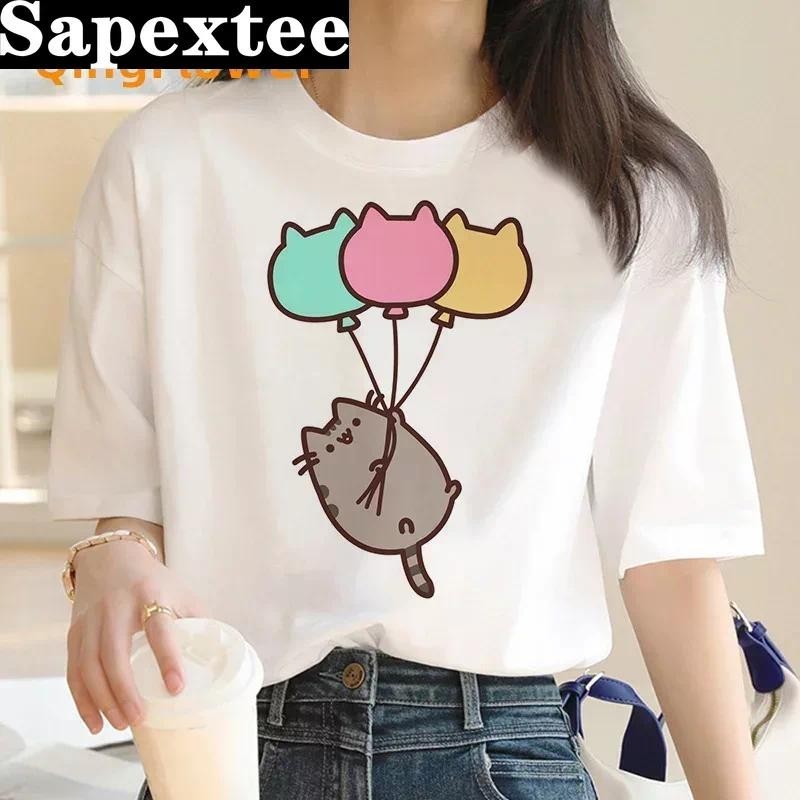 Pusheen เสื้อยืดลําลอง แขนสั้น พิมพ์ลายแมว สไตล์วินเทจ แฟชั่นฮาราจูกุ สําหรับผู้หญิง