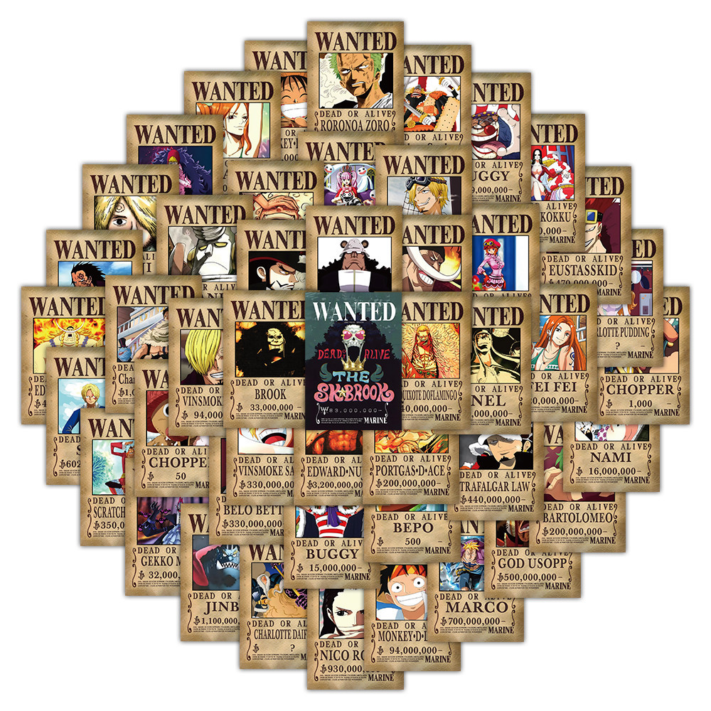 One Piece สติกเกอร์ 100/50PCS Wanted โปสเตอร์ไวนิล Decals สําหรับโทรศัพท์แล็ปท็อปกระเป๋าเดินทาง Monkey D Luffy อะนิเมะของขวัญ