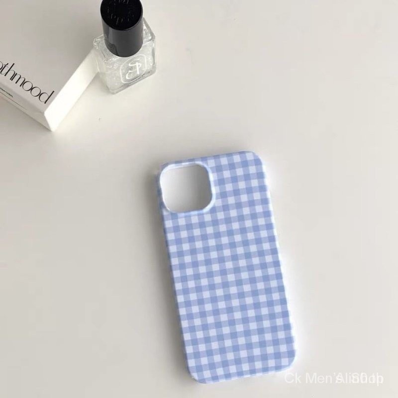 เคสโทรศัพท์มือถือแบบแข็ง ลายตาราง สีฟ้า สไตล์เกาหลี เรียบง่าย สําหรับ iPhone 7 8 plus x xs XR xsmax 11 12 13 14 15 Pro Max mini d7pu
