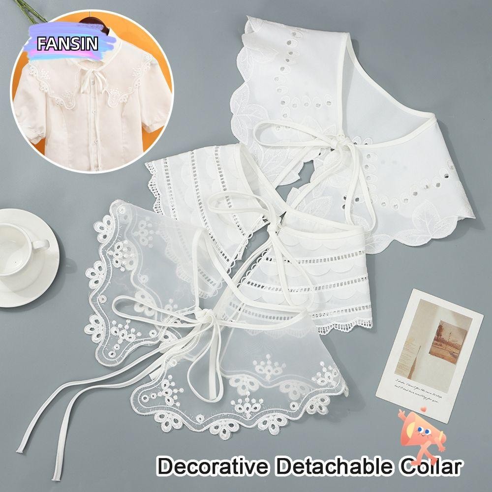 Fansin เสื้อเบลาส์ คอปกปลอม ปักลายลูกไม้ ดอกไม้ ปรับได้ สไตล์เรโทร