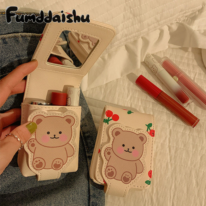 Fumddaishu กระเป๋าใส่ลิปสติก ลายหมี พร้อมกระจก ขนาดเล็ก แบบพกพา สําหรับเด็กผู้หญิง