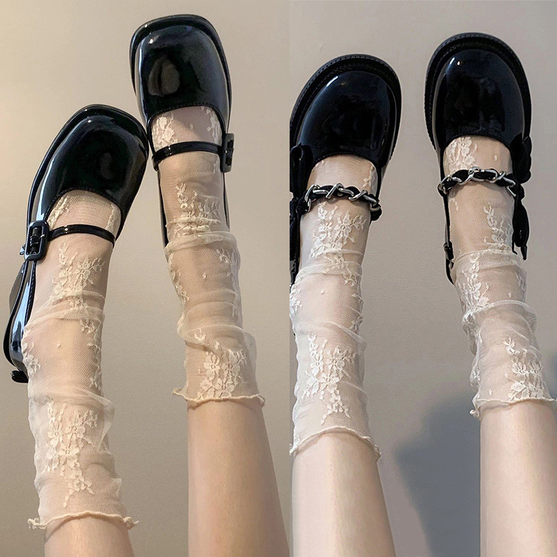 ถุงเท้ายาวครึ่งน่องแฟชั่นสตรี สไตล์โลลิต้า ผ้ากอซใส บางและระบายอากาศได้ดี