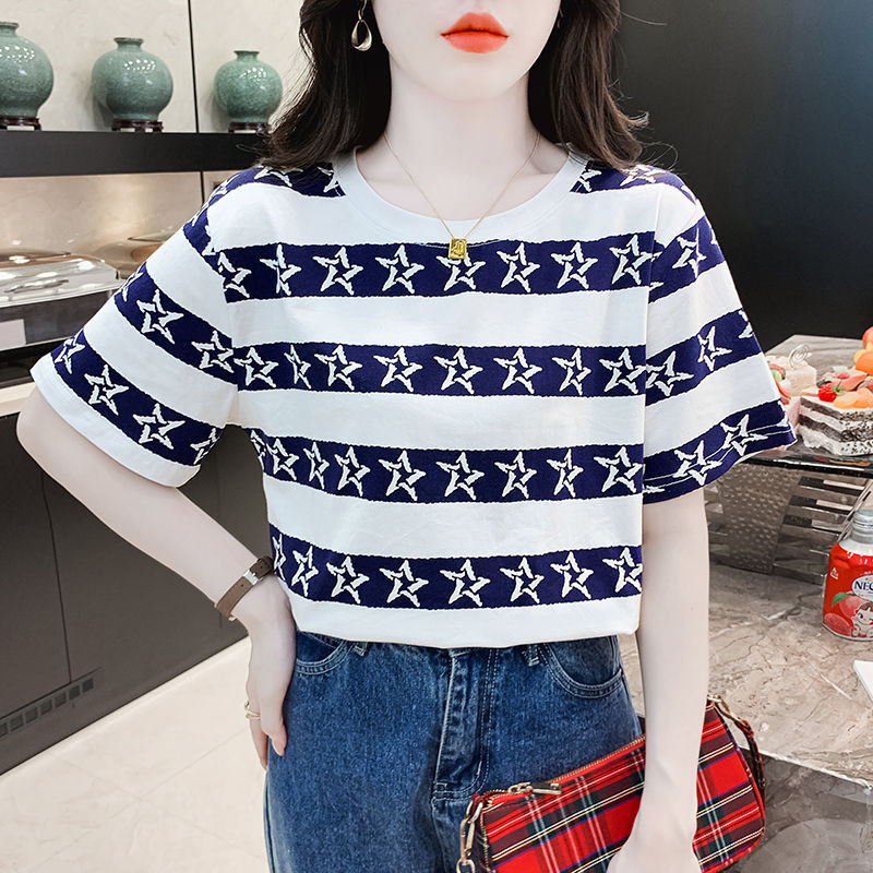 ผู้หญิงใหม่หลวมรอบคอแขนสั้นเสื้อยืดฤดูร้อนเก๋แฟชั่น XINGX พิมพ์เสื้อยืด High-End อเนกประสงค์สบายๆลาย