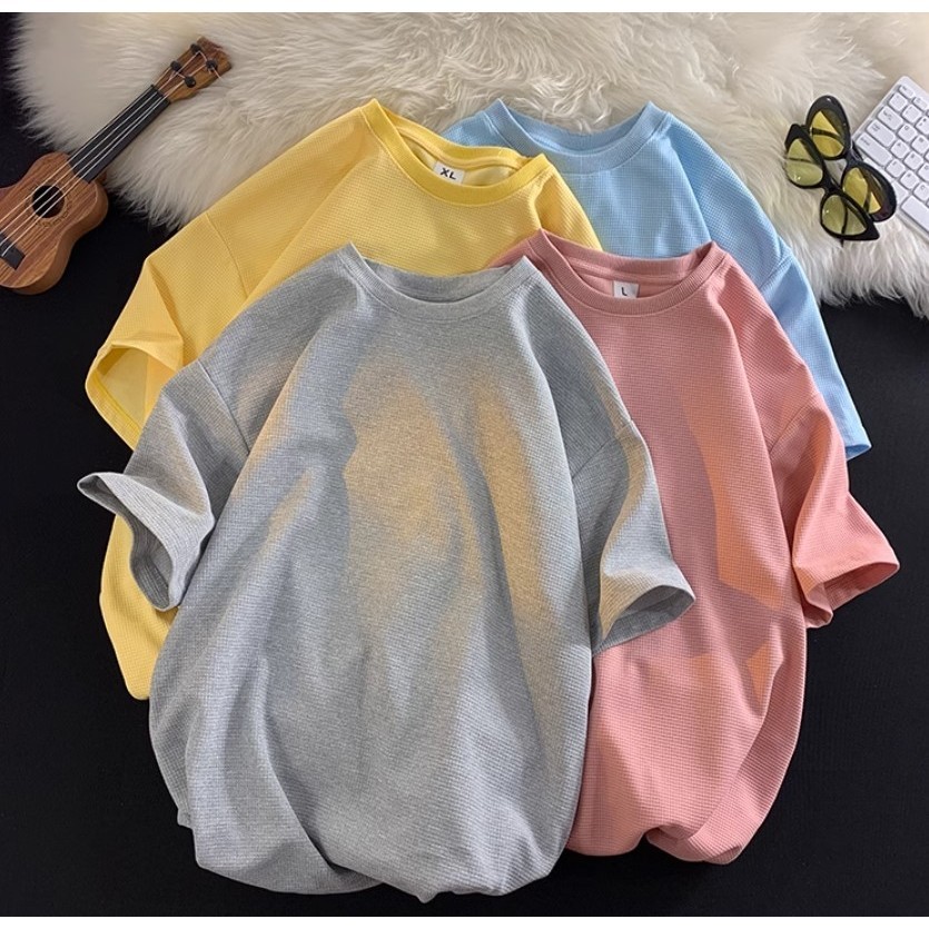 M-3XL เสื้อยืดแขนสั้นลําลอง คอกลม ทรงหลวม ลายวาฟเฟิล สไตล์ญี่ปุ่น เรโทร เหมาะกับฤดูร้อน สําหรับผู้ชาย