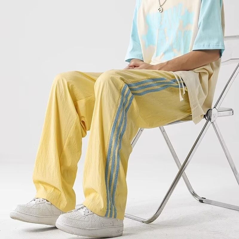 Ice Silk Paratrooper Pants Mens Quick-Drying Summer Dopamine Three Bars Wide-Leg Candy Color Thin Style อินเทรนด์ฟังก์ชั่น Trou