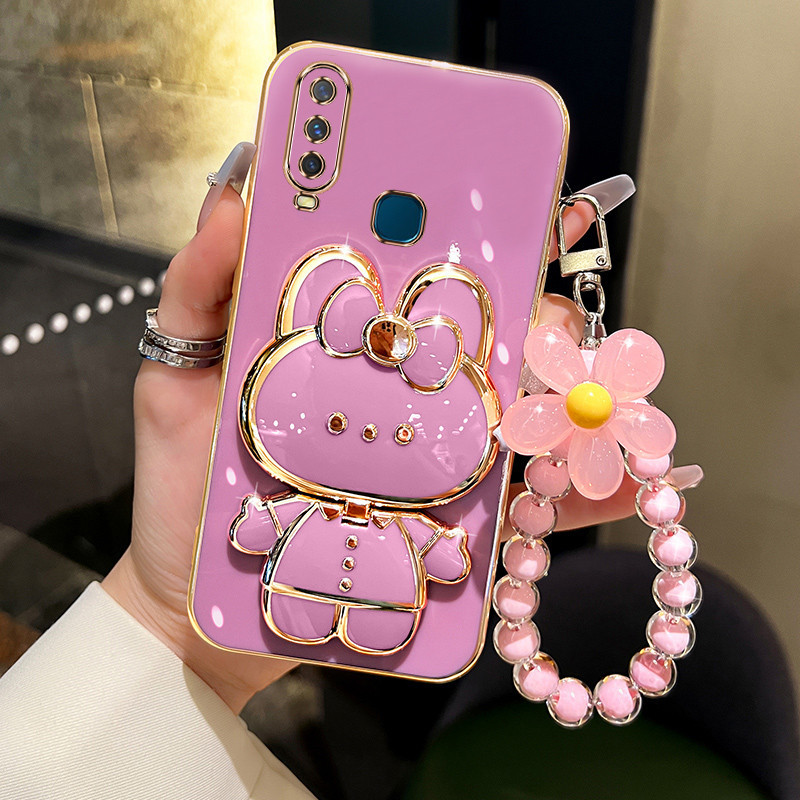 ปลอก Vivo Y11 Y12 Y15 Y17 Y19 Y17S เคสโทรศัพท์ TPU 3D กระต่ายสเตอริโอขาตั้ง Ultra Thin Electroplated Soft Case Shock Protection Case พร้อมสร้อยข้อมือ