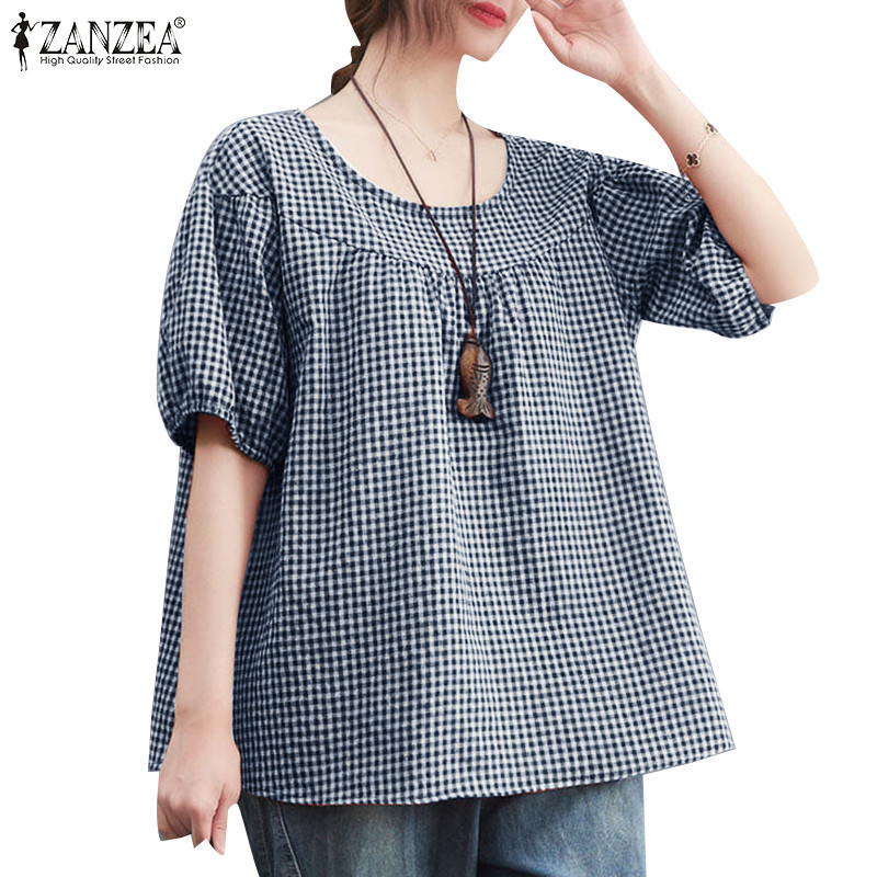 Zanzea ผู ้ หญิงเกาหลีลําลองคอกลมลายสก ๊ อตจีบโคมไฟแขนเสื ้ อ