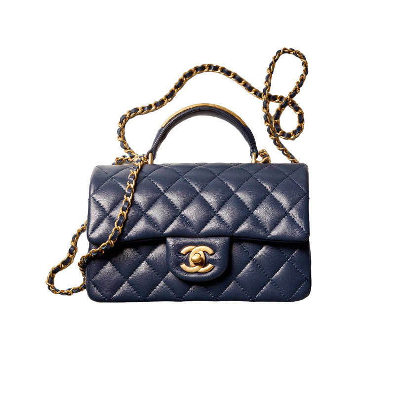 Chanel/Chanel Women's Bag BORSA MINI CON MANICO Navy Blue Lambskin Diamondback Quilted Flap Single Shoulder Crossbody