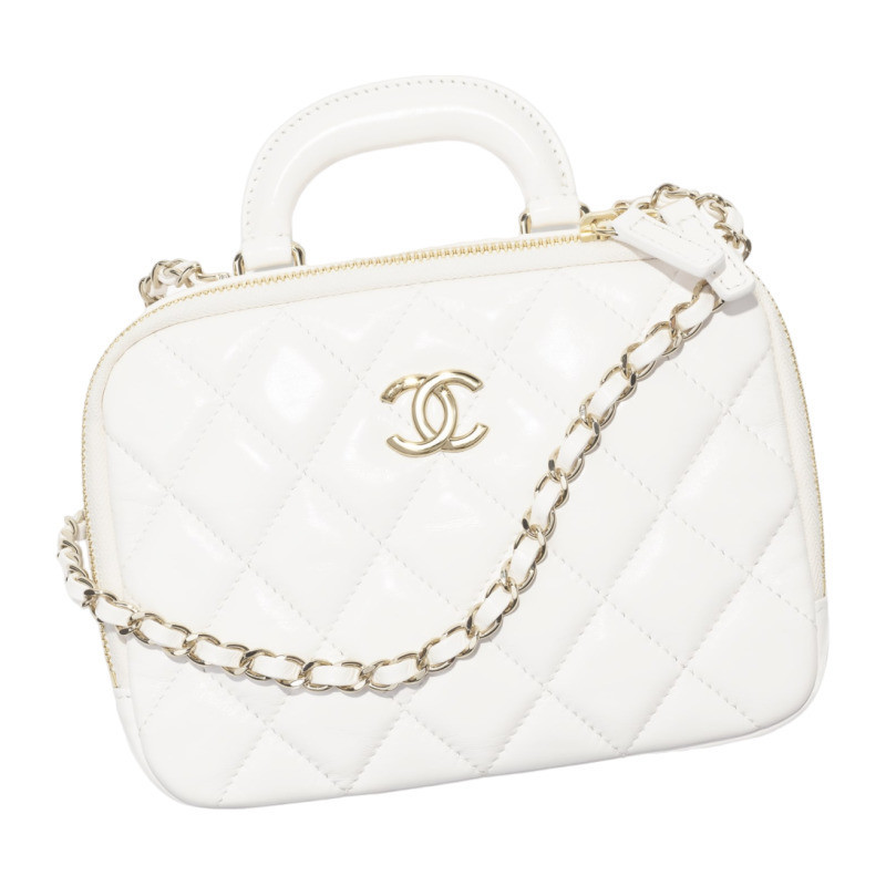 Chanel/Chanel Women's Bag White Polished Sheepskin Metal Chain Makeup Handbag