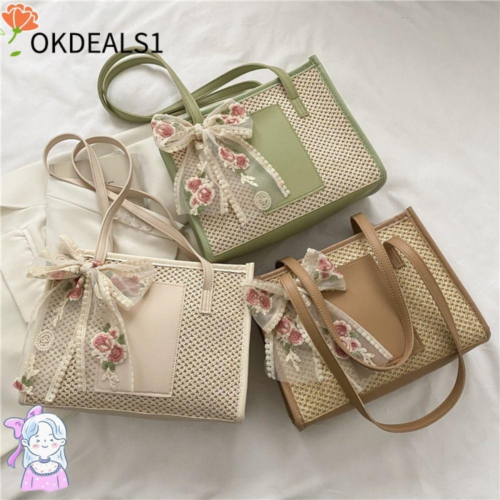 Dealshop กระเป๋าสะพายไหล่ กระเป๋าถือ ทรงโท้ท แบบสานด้วยฟางสาน เหมาะกับเดินชายหาด สําหรับผู้หญิง