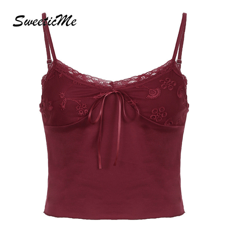 Sweeticme ของผู้หญิง 2024 แฟชั่นใหม่สีทึบเซ็กซี่ลูกไม้คอวีทุกการแข่งขันเสื้อกล้ามสายเดี่ยว