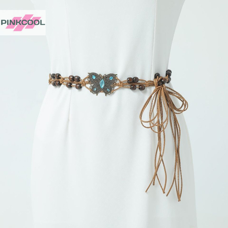 Pinkcool สไตล ์ โบฮีเมียนผีเสื ้ อน ้ ําเพชรทอสไตล ์ ชาติพันธุ ์ ลูกปัดเข ็ มขัดผู ้ หญิงสบายๆวันหยุดสไตล ์ เอวเชือกร ้ อน