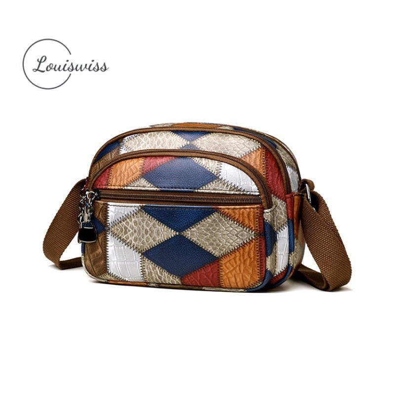 Louiswiss กระเป๋าสะพายกระเป๋าผู้หญิง Cross-body Messenger สไตล์โบฮีเมียน Splicing Contrast Design กระเป๋าหลายชั้นความจุขนาดใหญ่ Retro พิมพ์สายสะพายไหล่ปรับได้ซิป I