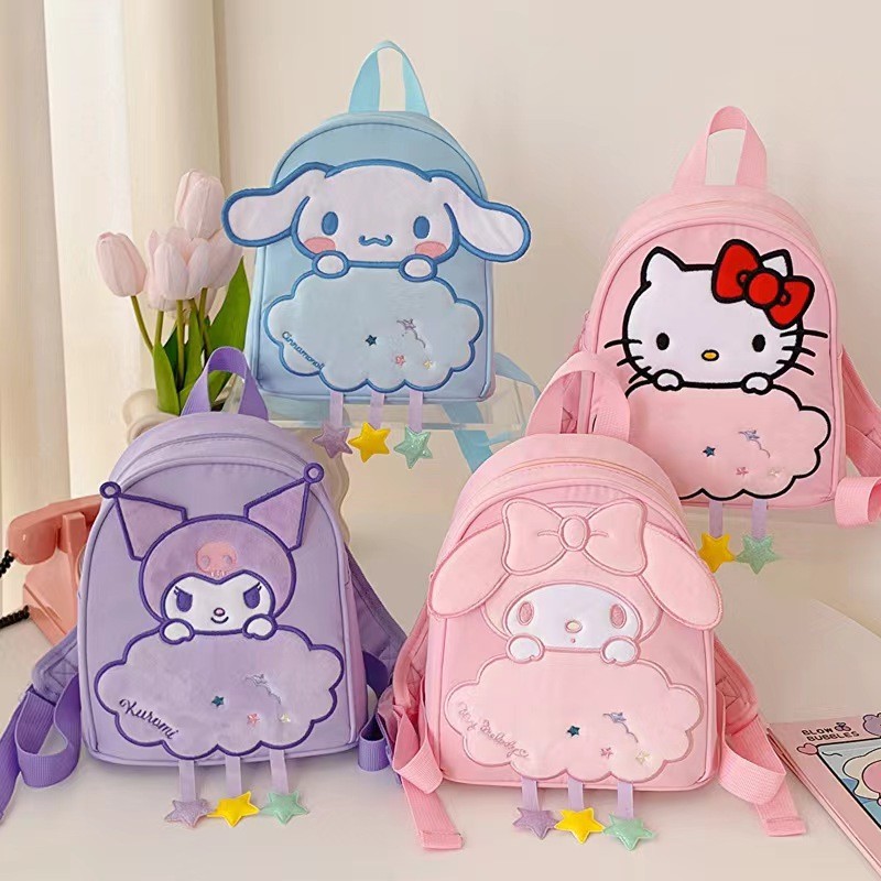 Sanrio Kuromi Melody Cinnamoroll Hello Kitty เด็ก Cloud รูปแบบการ์ตูนกระเป๋าสะพาย Westernization Knapsack โรงเรียนอนุบาลสาวกระเป๋าเป้สะพายหลังจี้ดาว