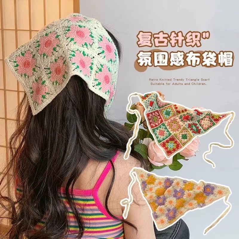 Retro Headscarf หญิง Dopamine Headband น ่ ารักโครเชต ์ วรรณกรรมถักแถบคาดศีรษะ Pastoral สามเหลี ่ ยมผ ้ าพันคอฤดูร ้ อน