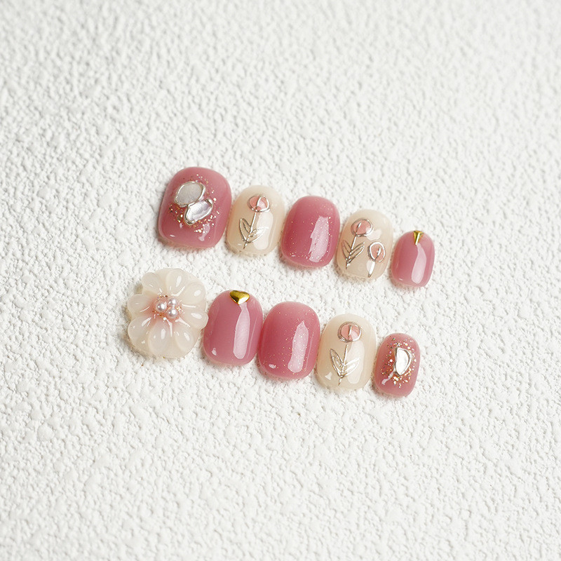 HANDMADEArtificial Nail เล็บปลอม Hand-Painted Tulip 3 D ดอกไม้สีชมพูสีขาวสั้นสแควร์วงกลม Phototherapy เล็บปลอมเล็บนํากลับมาใช้ใหม่และถอดได้