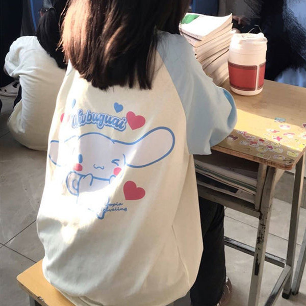 ผู้หญิง Patchwork การ์ตูน Cinnamoroll เสื้อยืดแขนสั้น Harajuku หลวม Tee