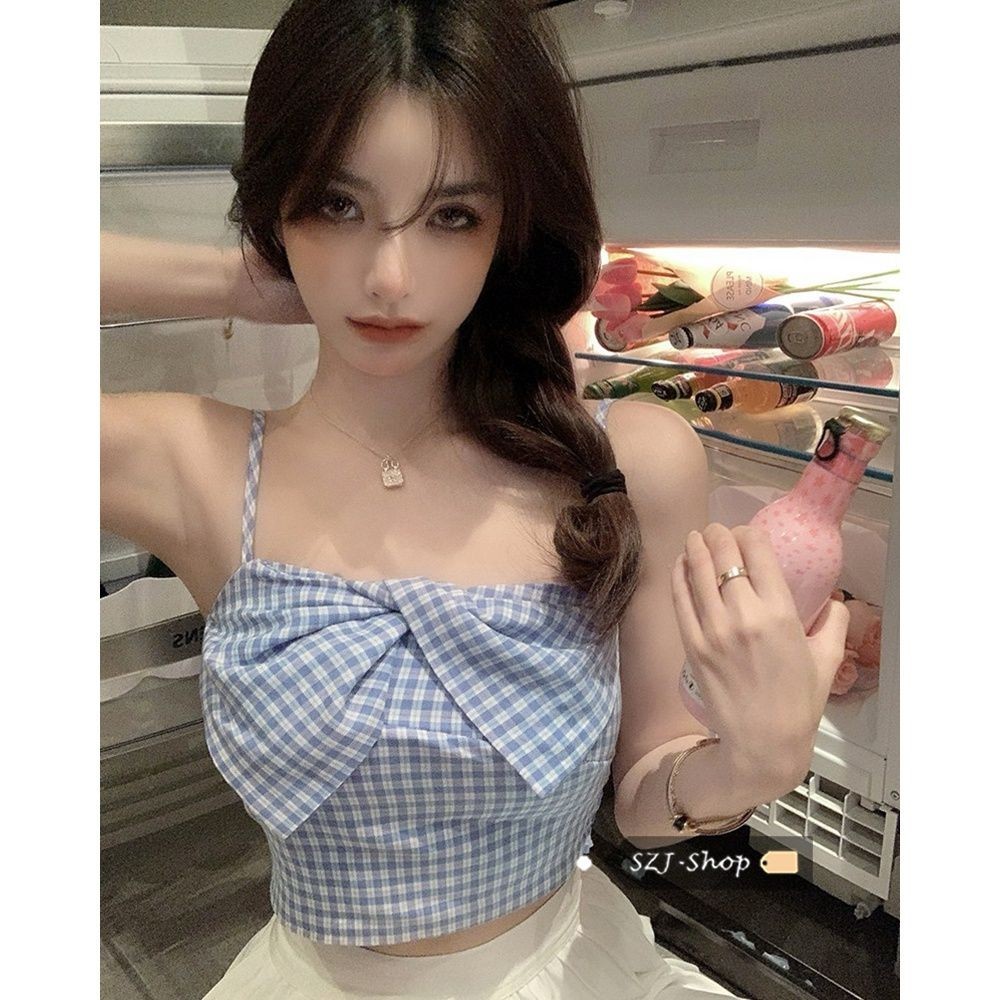 Bowknot Checked Tube Top เสื้อชั้นในสตรีขนาดเล็กผู้หญิง Simple All-Match สไตล์ใหม่ฤดูร้อนสวมใส่ด้านนอกสไตล์สาวร้อนสั้นสไตล์ด้านในด้านบน