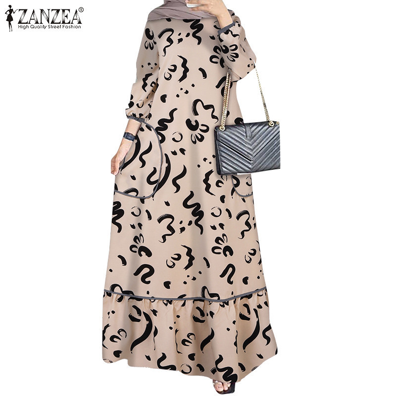 Zanzea ผู ้ หญิงมุสลิมซิป Hem แยก Ruffle Elasticated Cuffs การปิดกั ้ นสีชุดหลวม