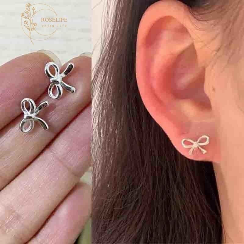 Roselife เกาหลี S925 เงิน Hollow Bow เจาะต ่ างหูสําหรับสาว Hypoallergenicity ทุกวันหูเครื ่ องประดับอุปกรณ ์ เสริม