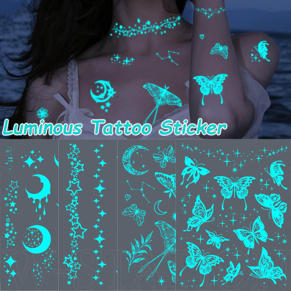 สติ๊กเกอร์รอยสักเรืองแสงสีขาว-ผีเสื้อดวงจันทร์ดาวรูปแบบ-รอยสักปลอมชั่วคราว-สําหรับหน้าอก, ไหล่, คอ, แขน-กันน้ํา, ใช้แล้วทิ้ง-ร่างกายเทศกาลพรรคศิลปะตกแ