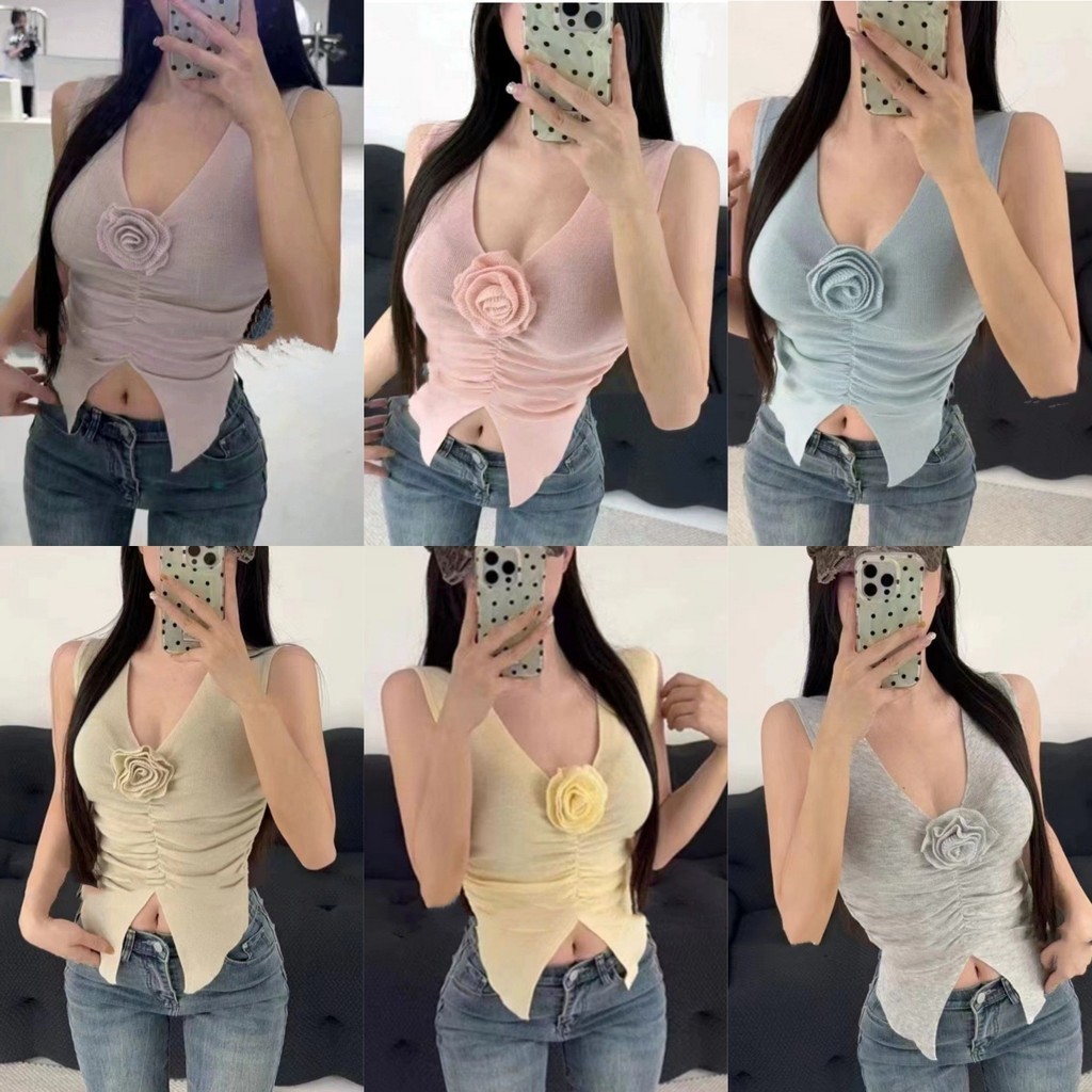 Anne เสื้อไปทะเล คอวี ดีเทลติดดอกไม้ สีพื้นหลายลายสี เสื้อกล้ามผู้หญิง เซ็กซี่ #47288-2