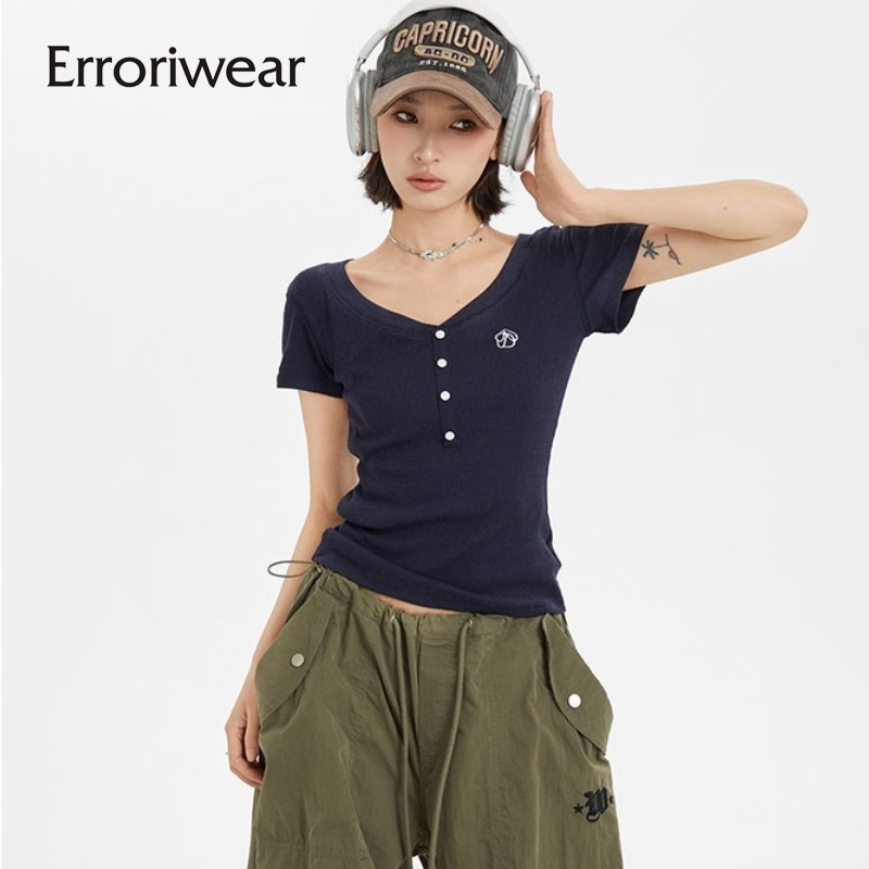 Erroriwear เสื ้ อยืดผู ้ หญิง 2024 แฟชั ่ นสีทึบ V คอ Causal Slim Fit แขนสั ้ นด ้ านบน