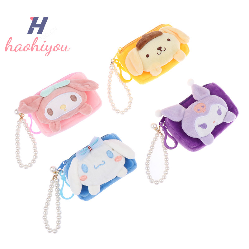 <haohiyou> Sanrio Plush กระเป๋า Cinnamoroll MyMelody Kuromi Plushies Kawaii Plush Pearl Lanyard จี้ผู้ถือบัตรของเล่น Nice