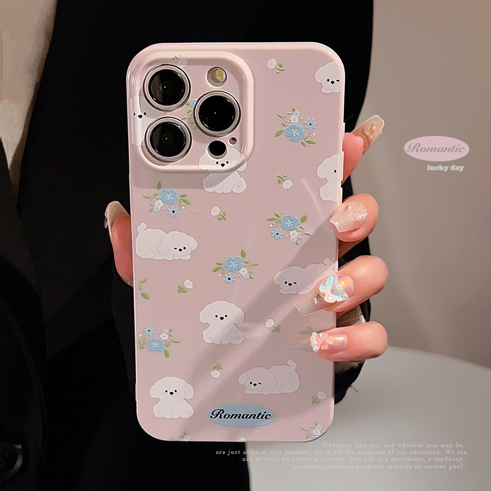 ขนาดเล ็ กสดการ ์ ตูนดอกไม ้ สีฟ ้ าขนาดเล ็ กสุนัขสีขาวป ้ องกันการล ่ มสลายเคสโทรศัพท ์ tpu สําหรับ apple iphone 11 12 13 14 15 pro max plus