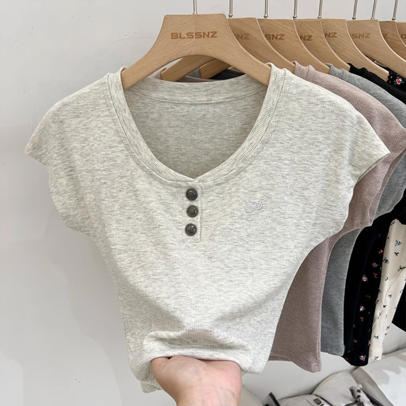 Bh เสื้อยืดแขนสั้นปักลายผ้าฝ้ายผู้หญิงฤดูร้อน U คอปกไหล่ slim-fit สั้น