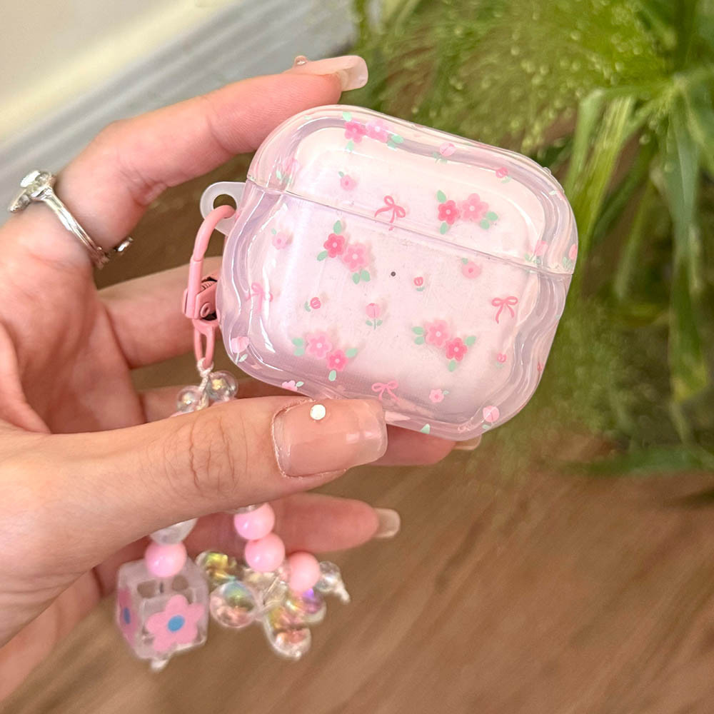 น ่ ารักดอกไม ้ สีชมพูรูปแบบหูฟังสําหรับ AirPods Pro 2nd 3rd Generation Soft สําหรับ AirPods 1 2 3 พร ้ อมพวงกุญแจมุก