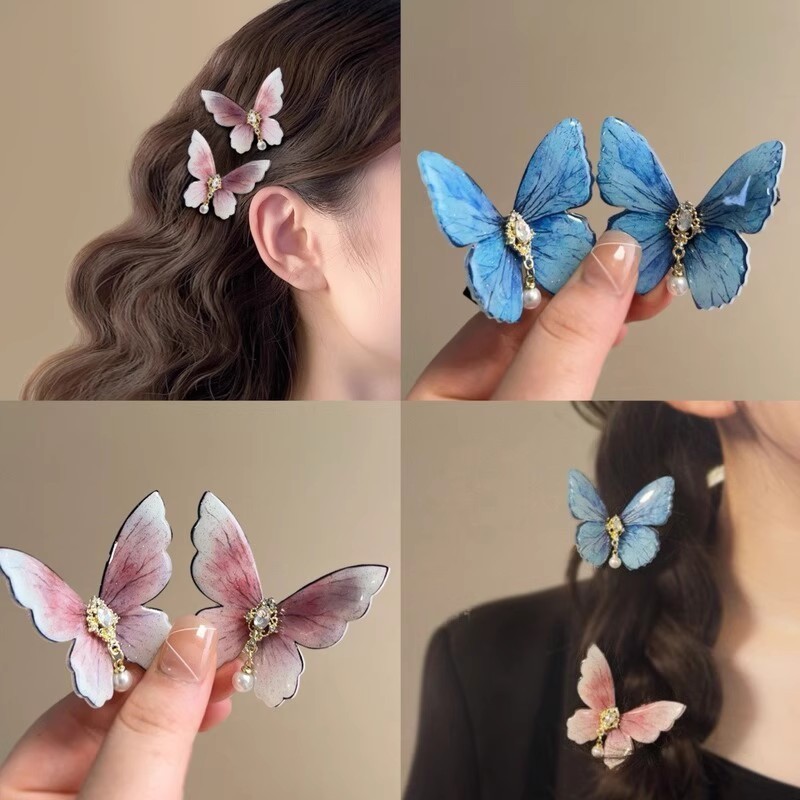 Mori ผีเสื้อมุกเพชร Hairpin ขนาดเล็กด้านข้าง Fringe Duckbill คลิปศิลปะขนาดเล็กสดอารมณ์อุปกรณ์เสริมผม