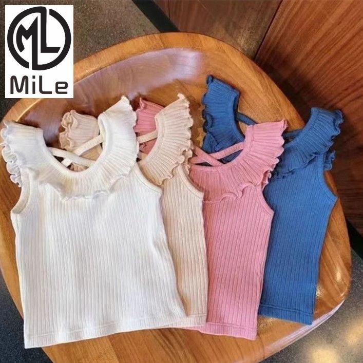 [ML] 90-140 ซม.ฤดูร้อนสไตล์ใหม่เด็กสาวน้อยเสื้อกั๊กขอบเชื้อราแฟชั่นแฟชั่นทุกการแข่งขันขนาดเล็กกลางเด็กเล็กด้านบนอินเทรนด์