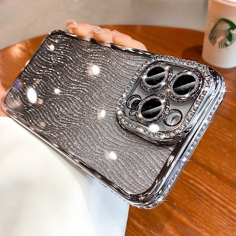 Waveรูปแบบglitter Powderเคสโทรศัพท์สําหรับiPhone 11 12 13 14 15 Pro max 15 plus XR XS max 7g/8g SEเลนส์ป้องกันกล้องกันกระแทกTPU soft Caseเคสโทรศัพท์