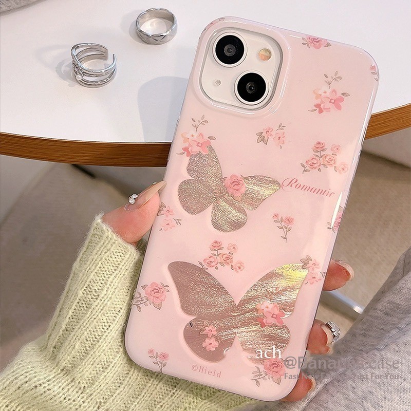 Iphone 15 14 13 12 11 Pro Max X Xr Xs Max 7 8 Plus SE2020 เคสโทรศัพท์ Ins ดอกไม้ผีเสื้อสีชมพูฝาครอบโทรศัพท์นุ่ม