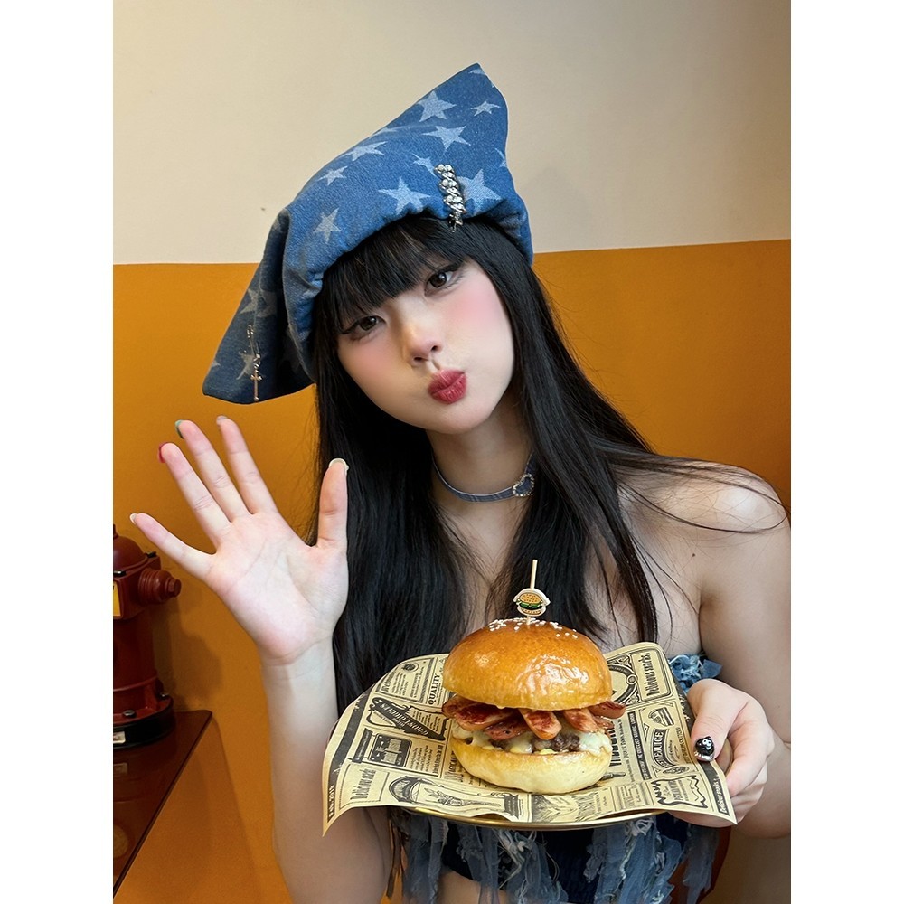 หมวกหญิง y2k สไตล์ใหม่ Niche Original Design สาวร้อนที่ไม่ซ้ํากัน Baotou หมวกคาวบอย Star หูแมว Headscarf หมวก