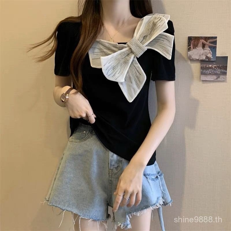 2024 ใหม่ขนาดบวกอเนกประสงค์ที่ไม่ซ้ํากันเก๋โบว์เสื้อยืดสําหรับผู้หญิง 4พิกเซล9