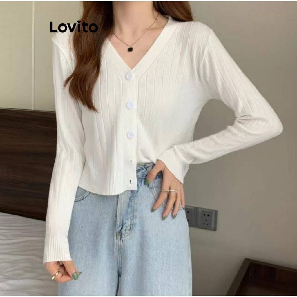 Lovito เสื้อถักผู้หญิง แต่งกระดุม สีพื้น สไตล์ลำลอง LNE40396