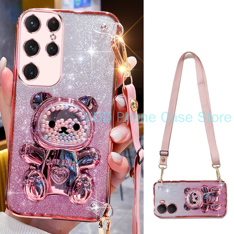 SAMSUNG ปลอกsamsung Galaxy S24 Ultra S23 Plus S22 Ultra S23 FE S24 FE S24 + S23 + S22 + กรณีElectroplatingโปร่งใสGlitter 3D Quicksandหมีวงเล็บเคสโทรศัพท์พร้อมCrossbody Lanyard
