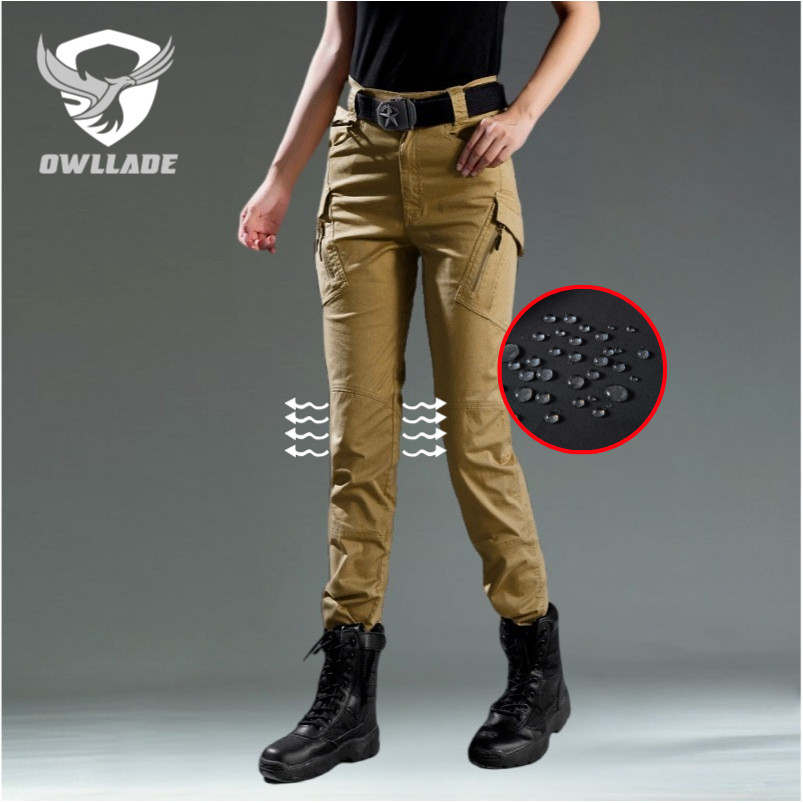 Owllade กางเกงคาร์โก้ยุทธวิธีสําหรับผู้ชายผู้หญิงสีน้ําตาลยืดหยุ่นกันน้ํา IX9 A01 2T