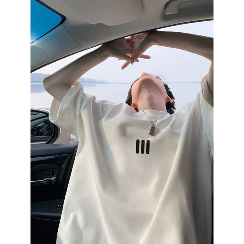 Woo Rightสไตล์สตรีท เสื้อสตรีท“III-D”การพิมพ์อินเทรนด์COTTON เสื้อยืดแฟชั่นสไตล์เกาหลีโอเวอร์ไซส์วินเทจเสื้อยืดโ